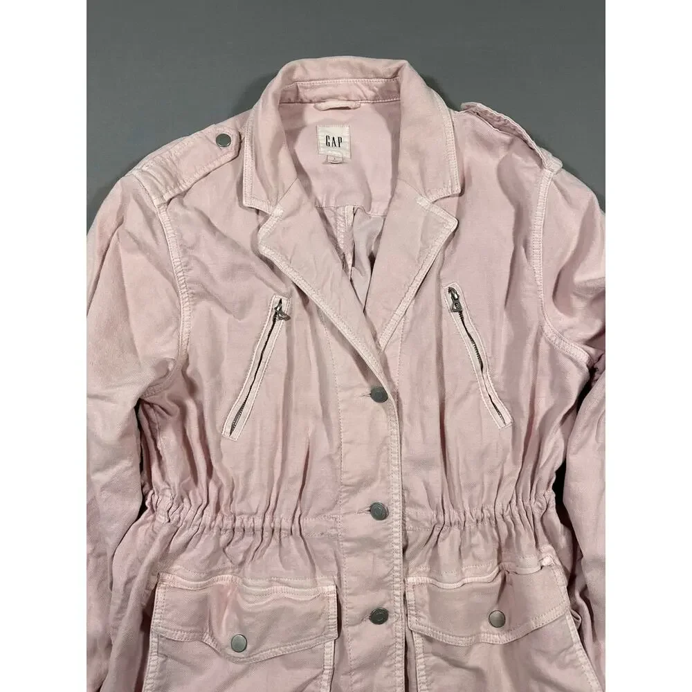 GAP Women's Soft Pink Cotton Jacket Gathered Waist Button Front Sz L - Picture 2 of 7